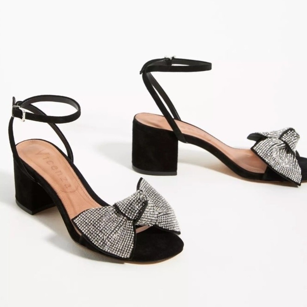 Anthropologie Vicenza Black Suede Rhinestone Bow Block Heel Sandals Women's US 9 - Picture 2 of 7